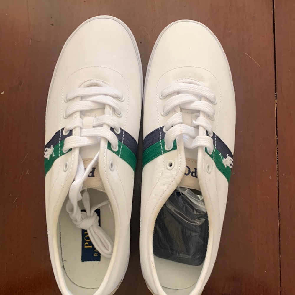 Polo Ralph Lauren  New white tennis shoes with green and navy stripe.